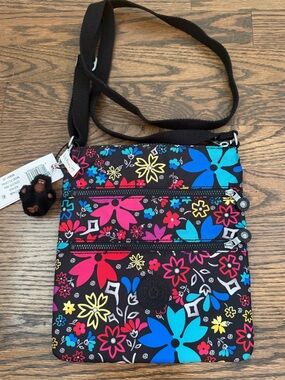 Kipling Keiko Crossbody Bag Black Multi Floral Triple Zip Monkey Charm NWT